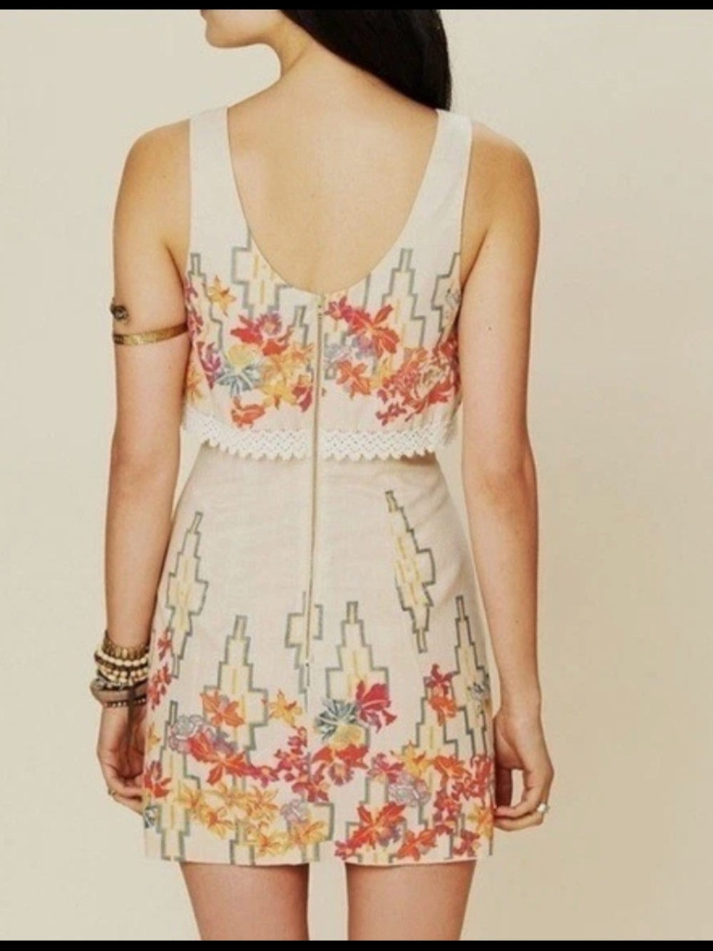 Free People Beige Linen Mini Dress with Orange & Pink Floral Embroidery NWOT! - Picture 4 of 10
